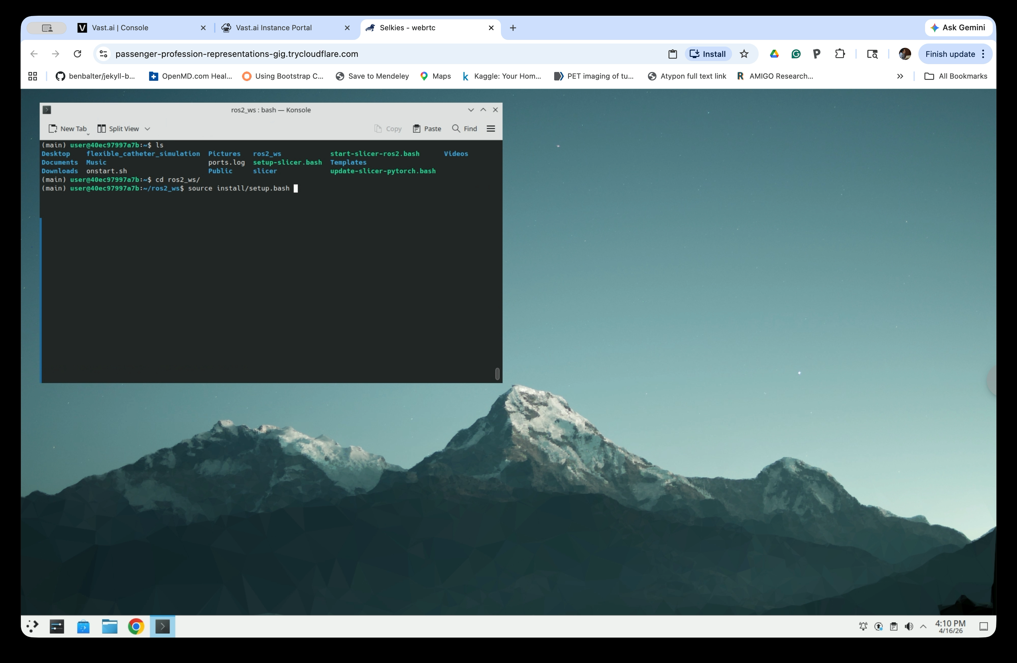 Terminal showing cd ros2_ws and source install/setup.bash