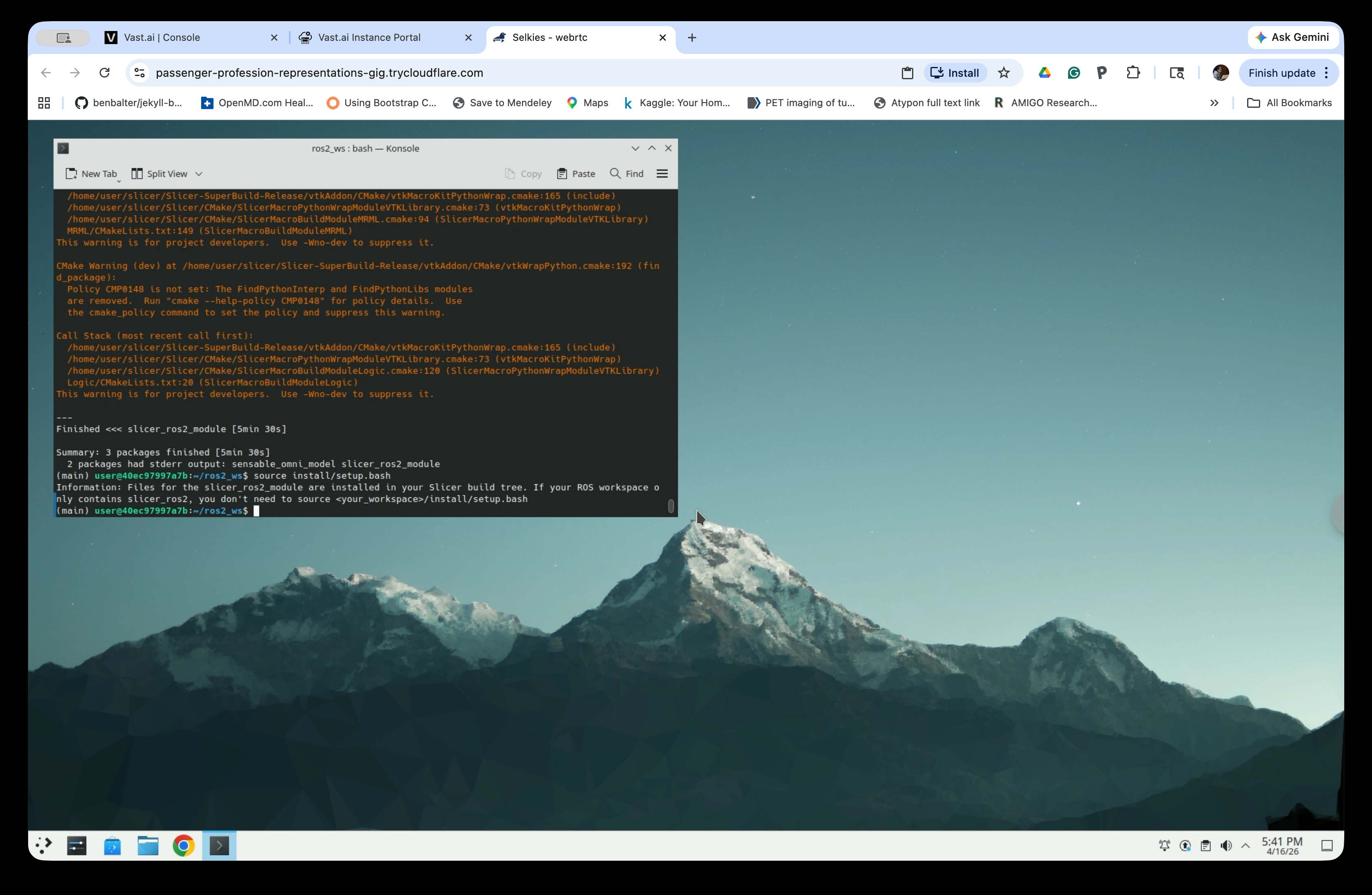 Terminal showing source install/setup.bash after build