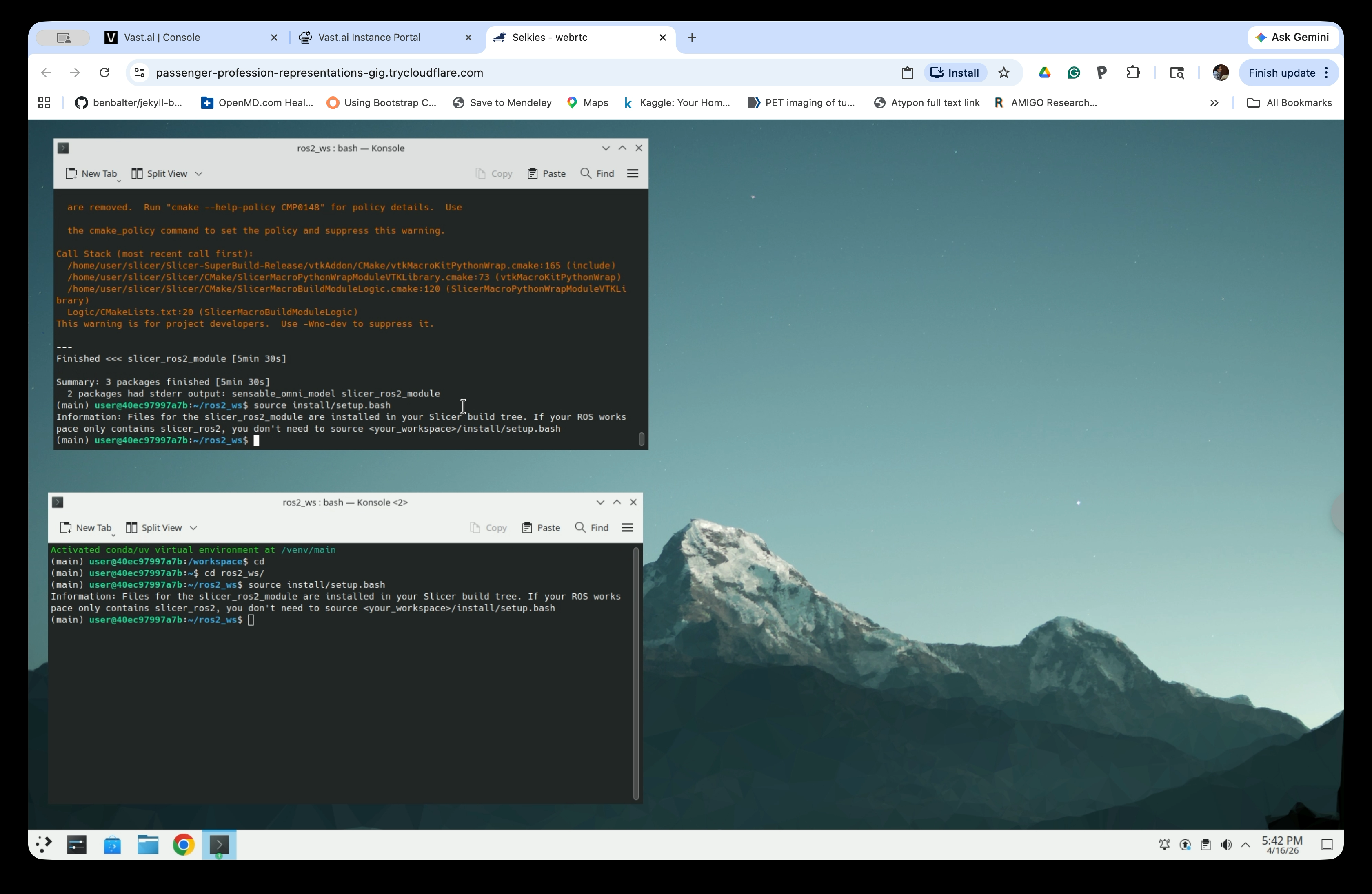 Two terminal windows side by side, both sourced