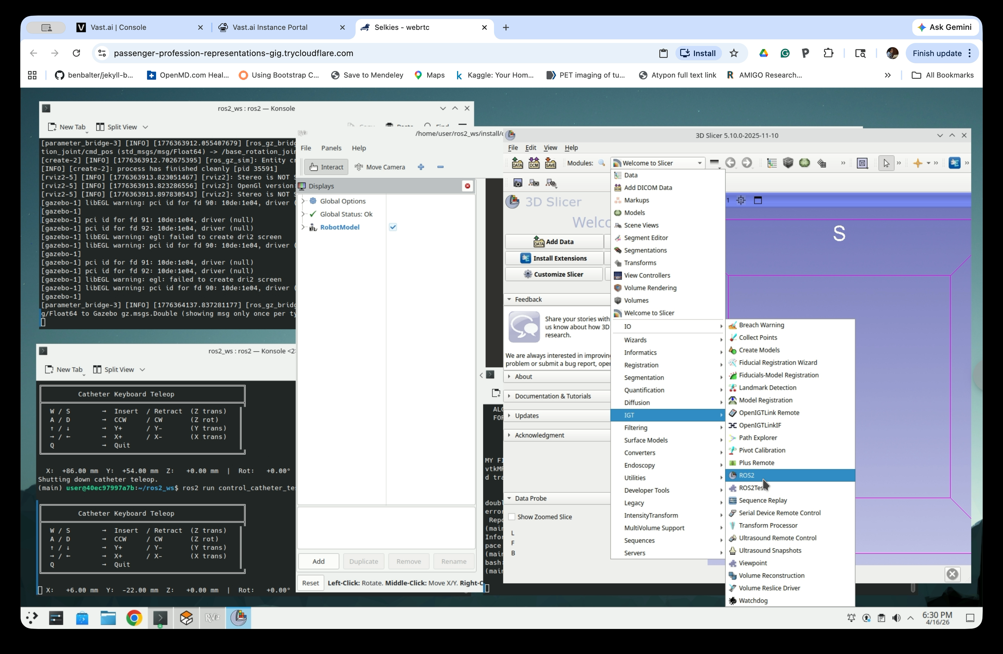 Slicer Modules menu with ROS2 highlighted under IGT