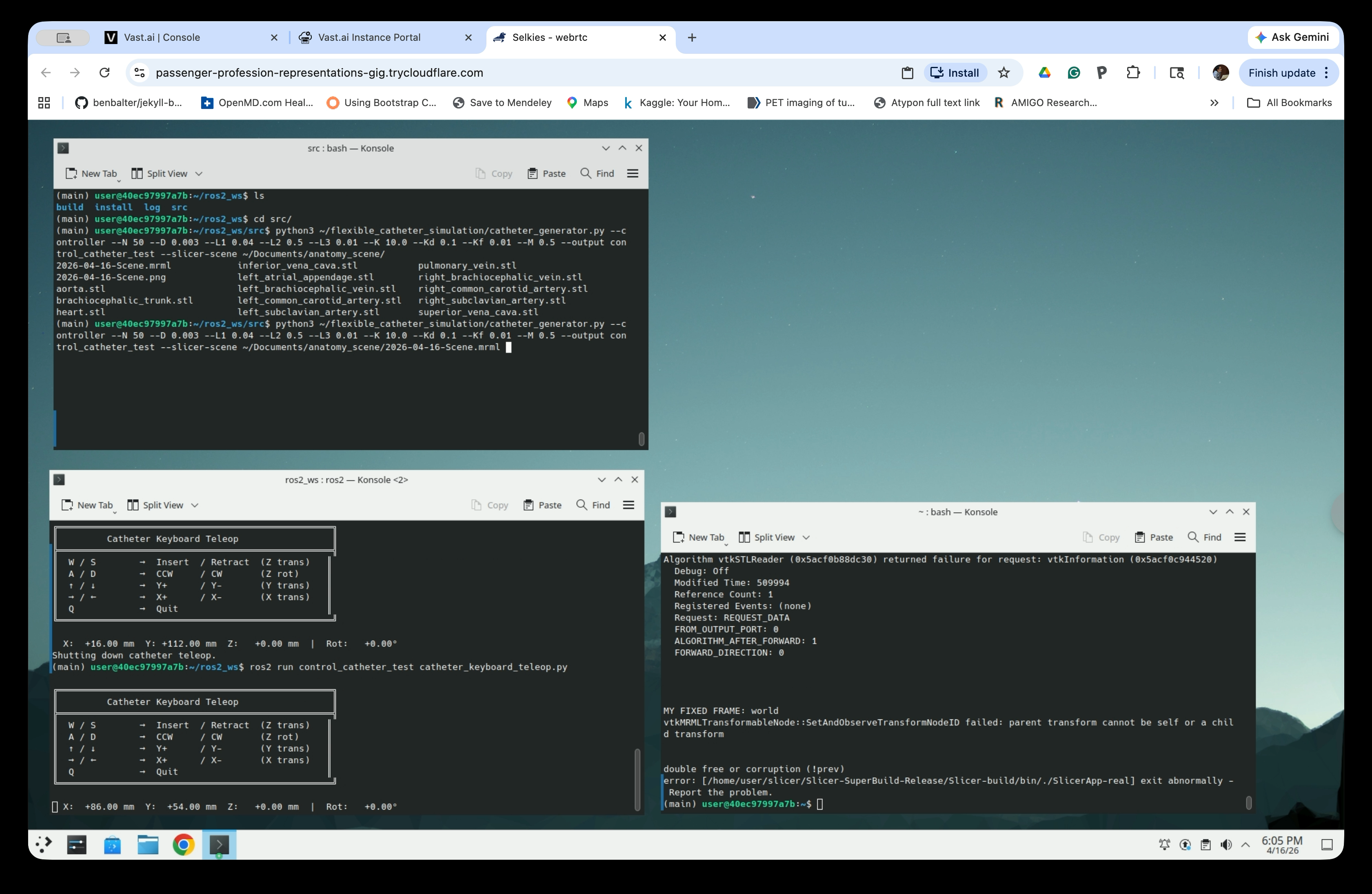 Terminal showing catheter_generator.py command with --slicer-scene flag and anatomy file list