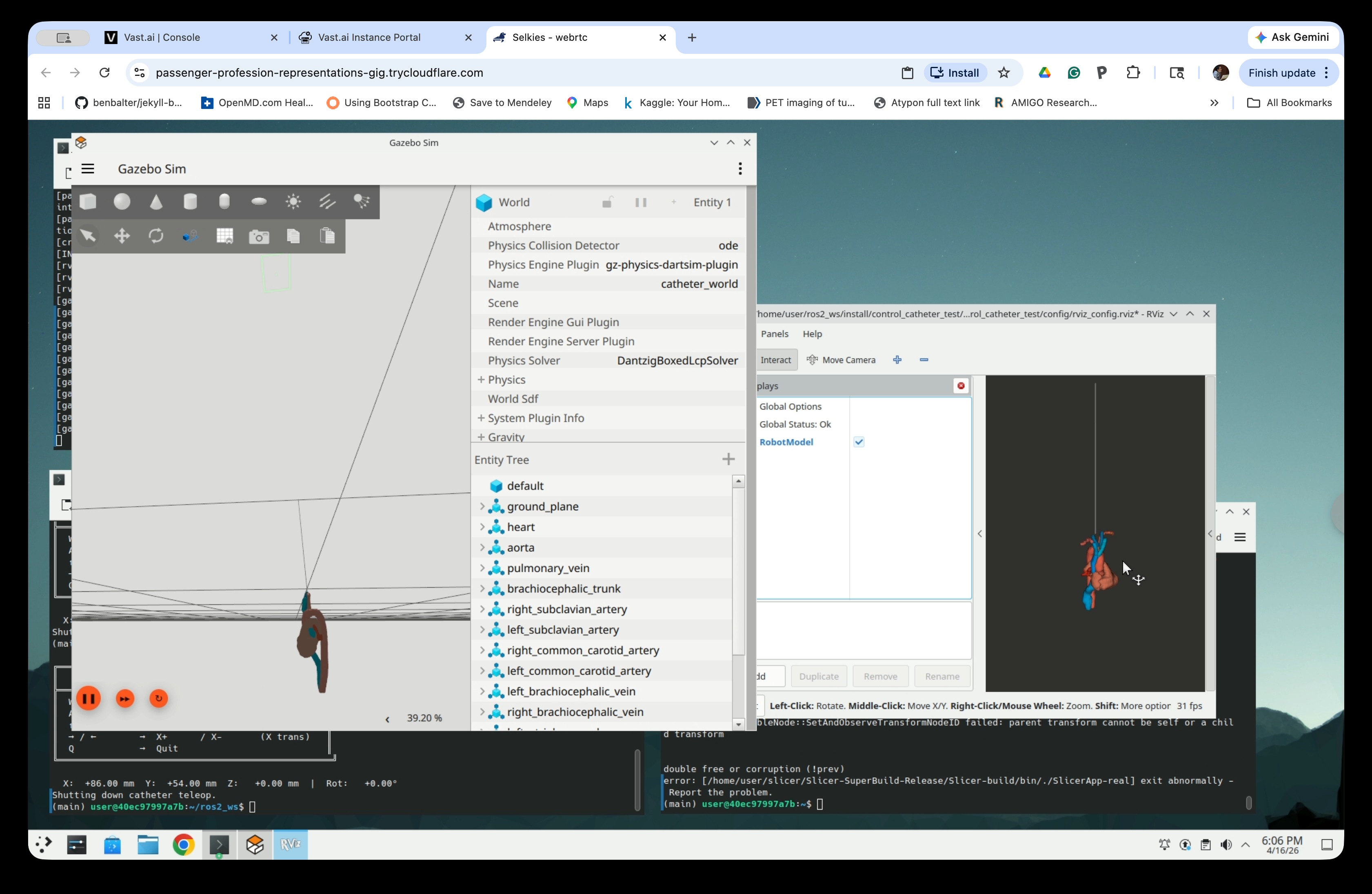 Further zoomed Gazebo and RViz views showing catheter and anatomy alignment