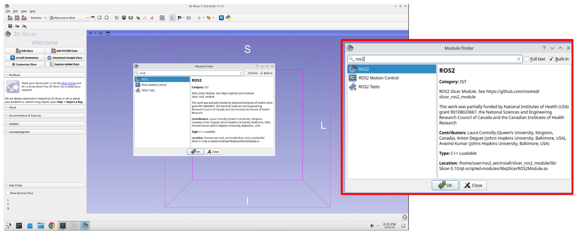 Slicer Module Finder dialog with ROS2 entered in the search field