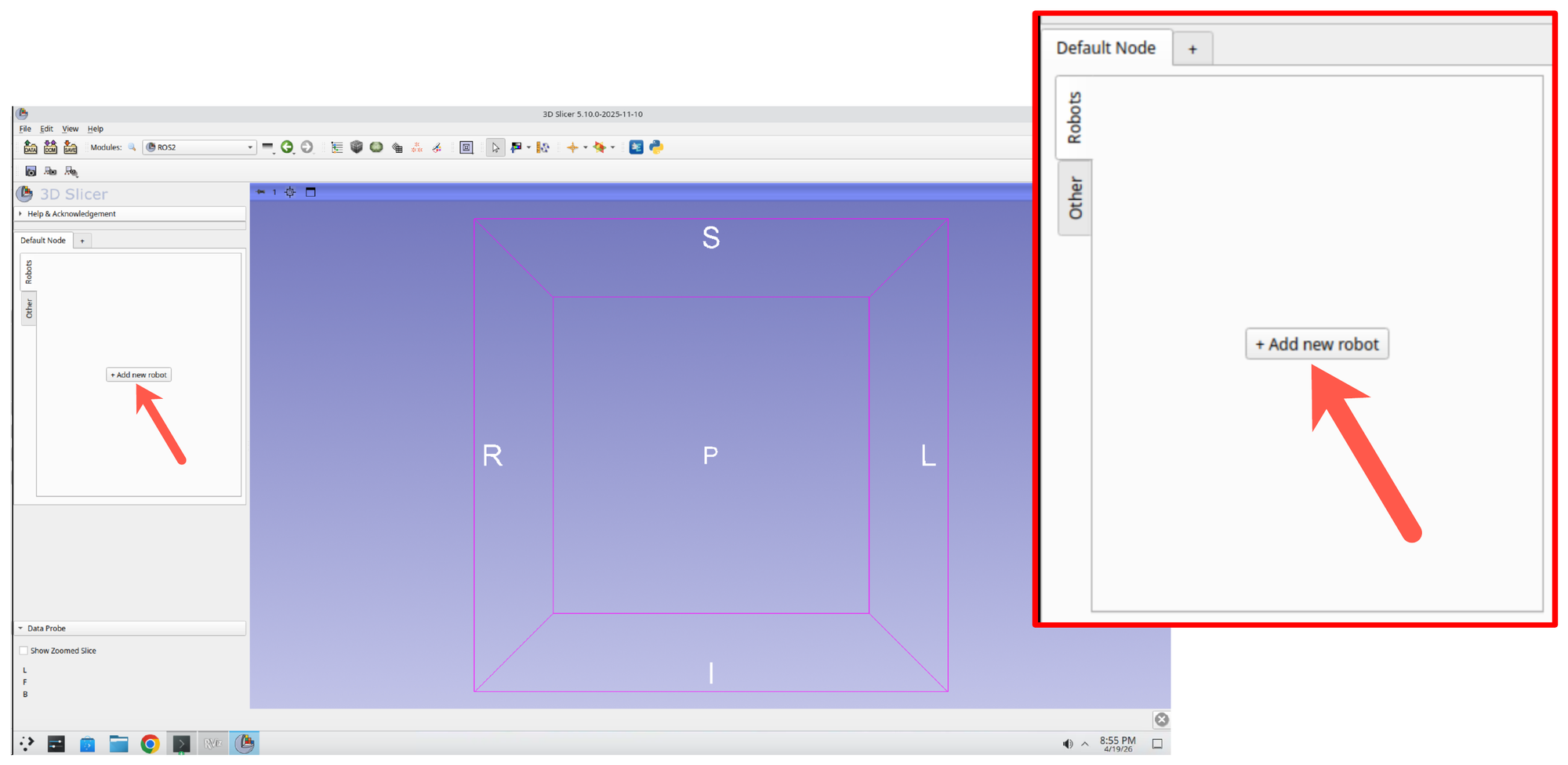 ROS2 module panel with the +Add new robot button highlighted