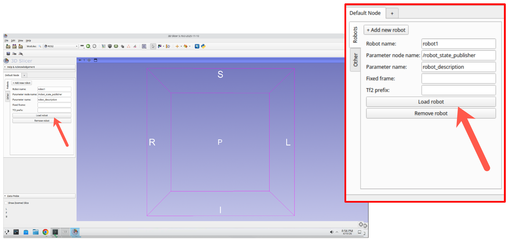 ROS2 module with the Load robot button highlighted