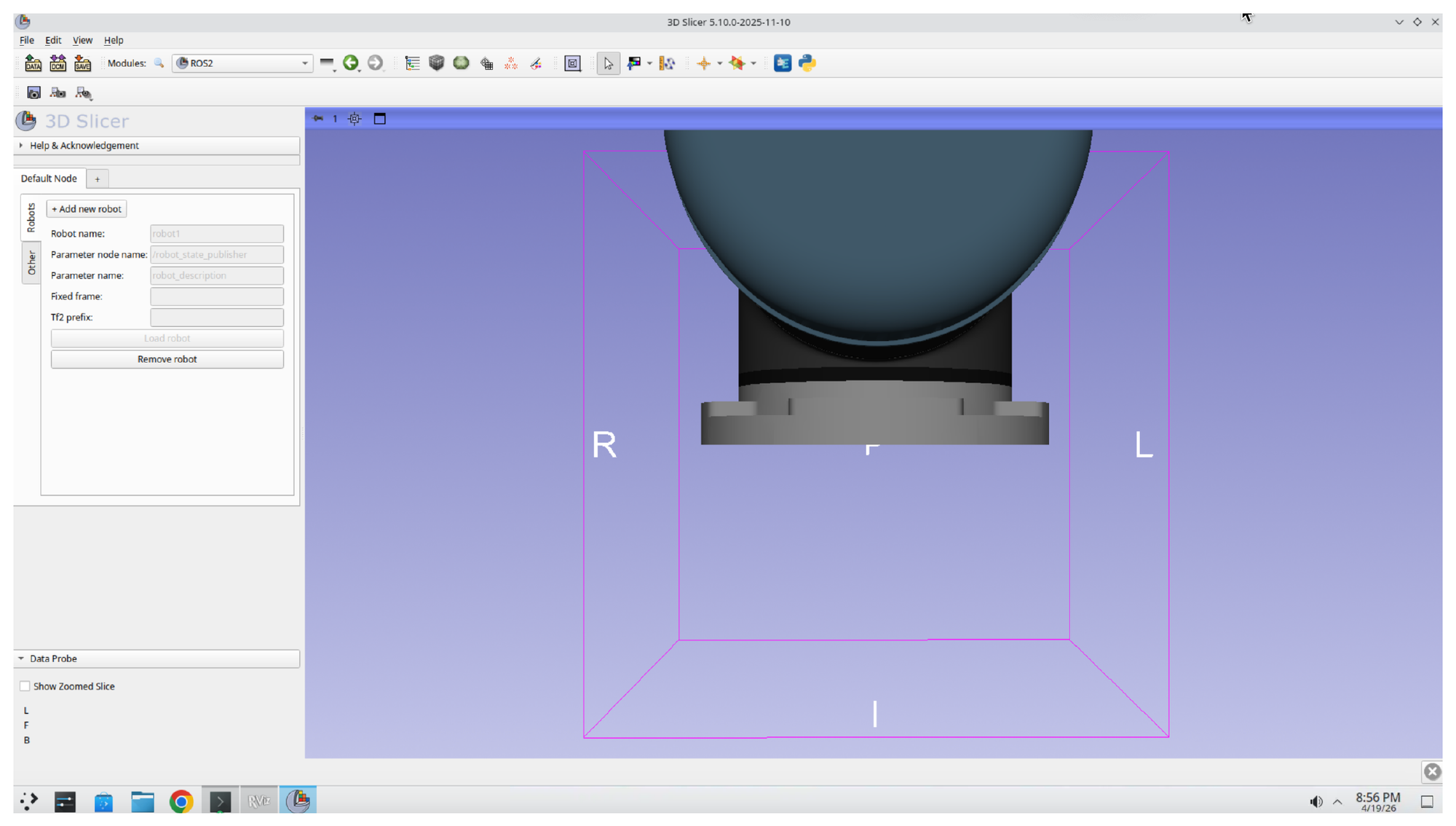 Slicer 3D view showing the UR5 base and shoulder loaded from the robot description