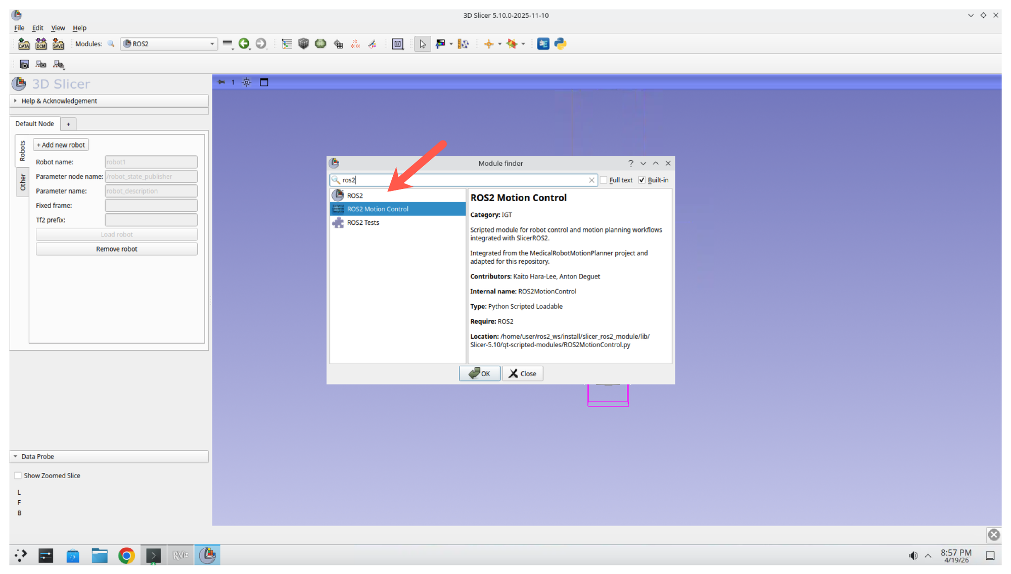 Module Finder dialog with ROS2 Motion Control selected