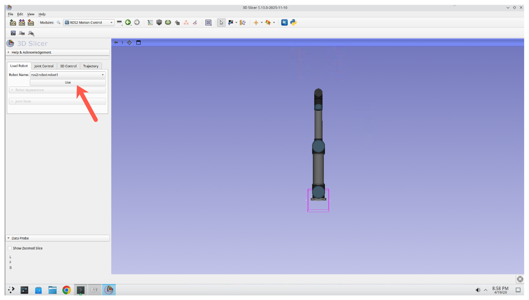 Motion Control panel with ros2:robot:robot1 selected and the Use button highlighted