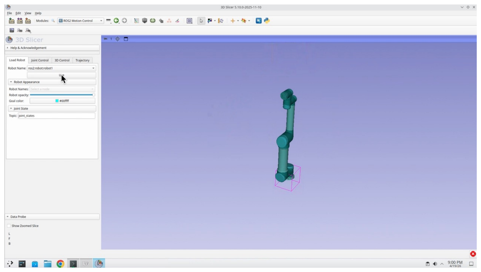 Motion Control panel showing the tab row with the UR5 rendered in the 3D view