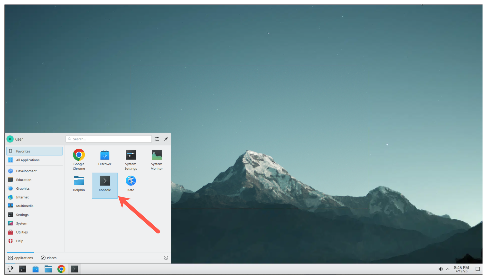 KDE applications menu with Konsole highlighted on the vast.ai desktop