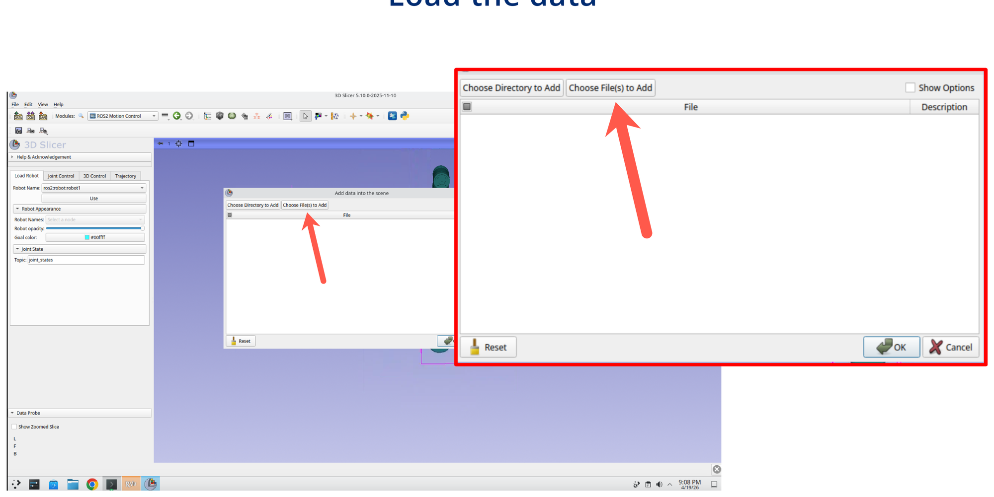 Add Data dialog with the Choose File(s) to Add button highlighted