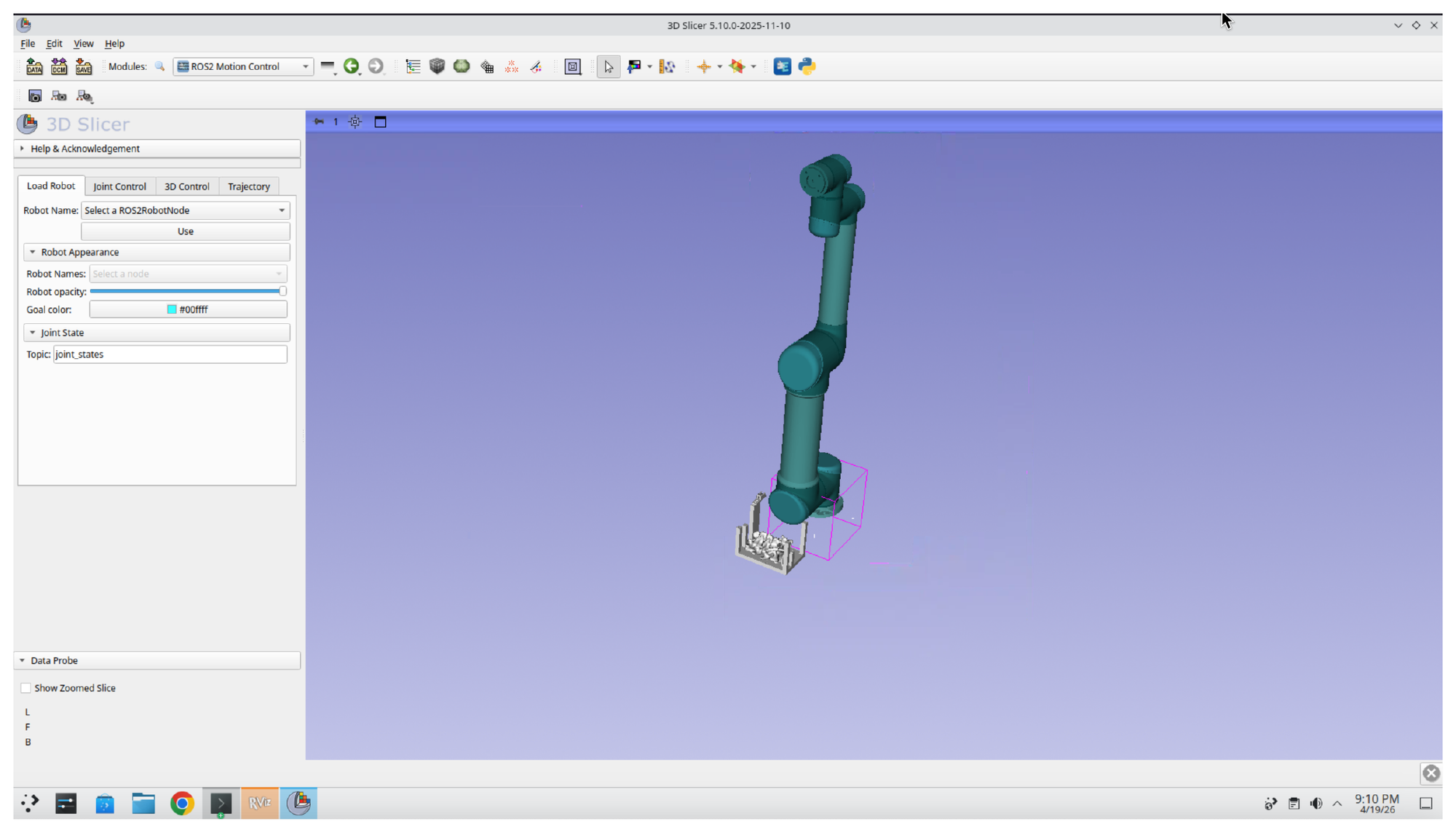 Slicer 3D view with the UR5, spine, and custom end-effector all rendered