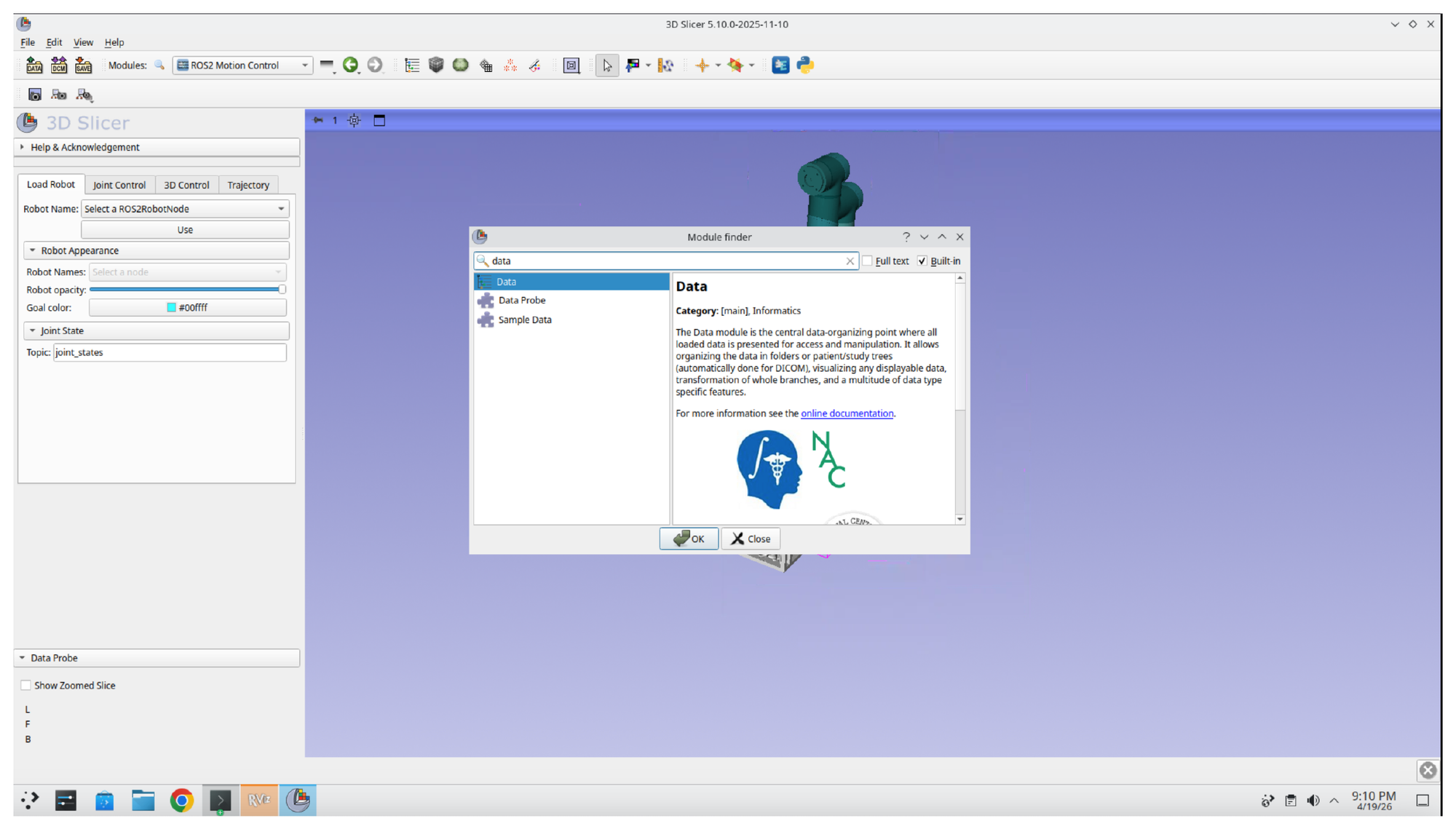 Module Finder dialog with the Data module selected