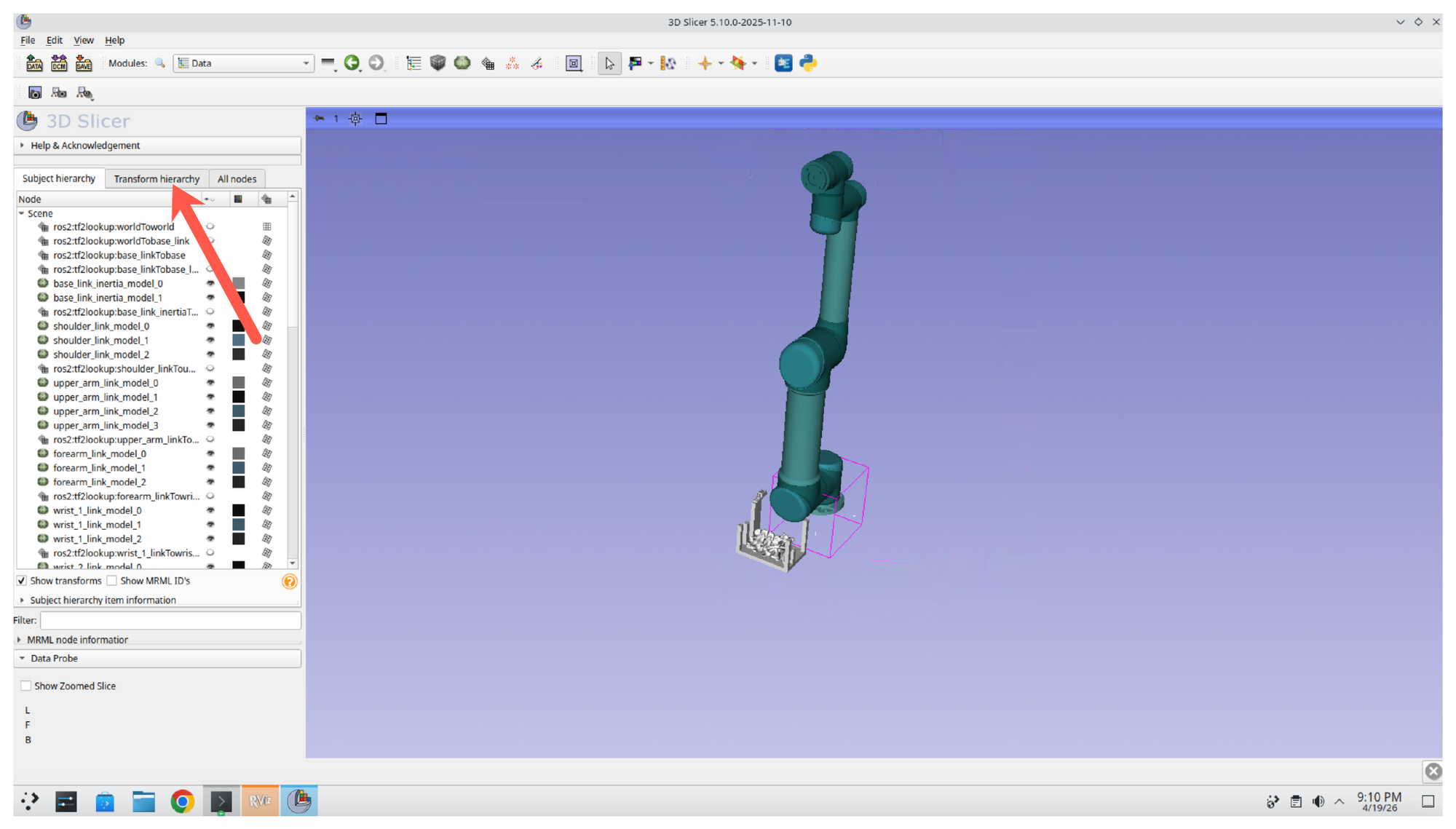 Data module with the Transform hierarchy tab highlighted