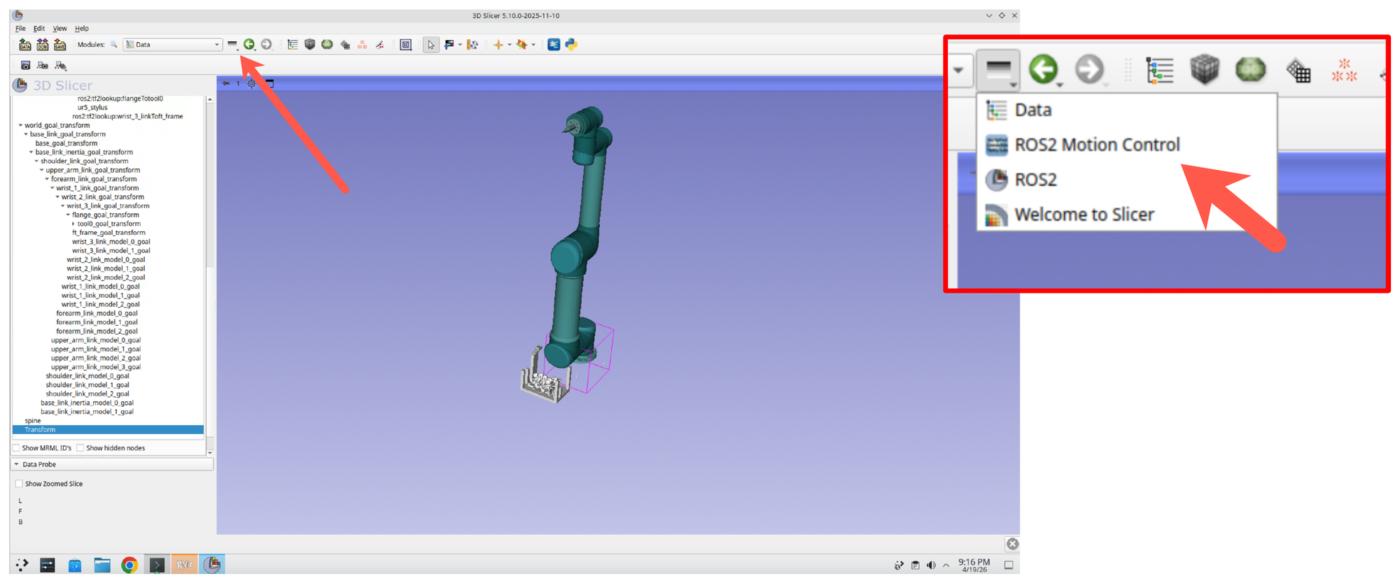 Recent modules dropdown showing ROS2 Motion Control in the list