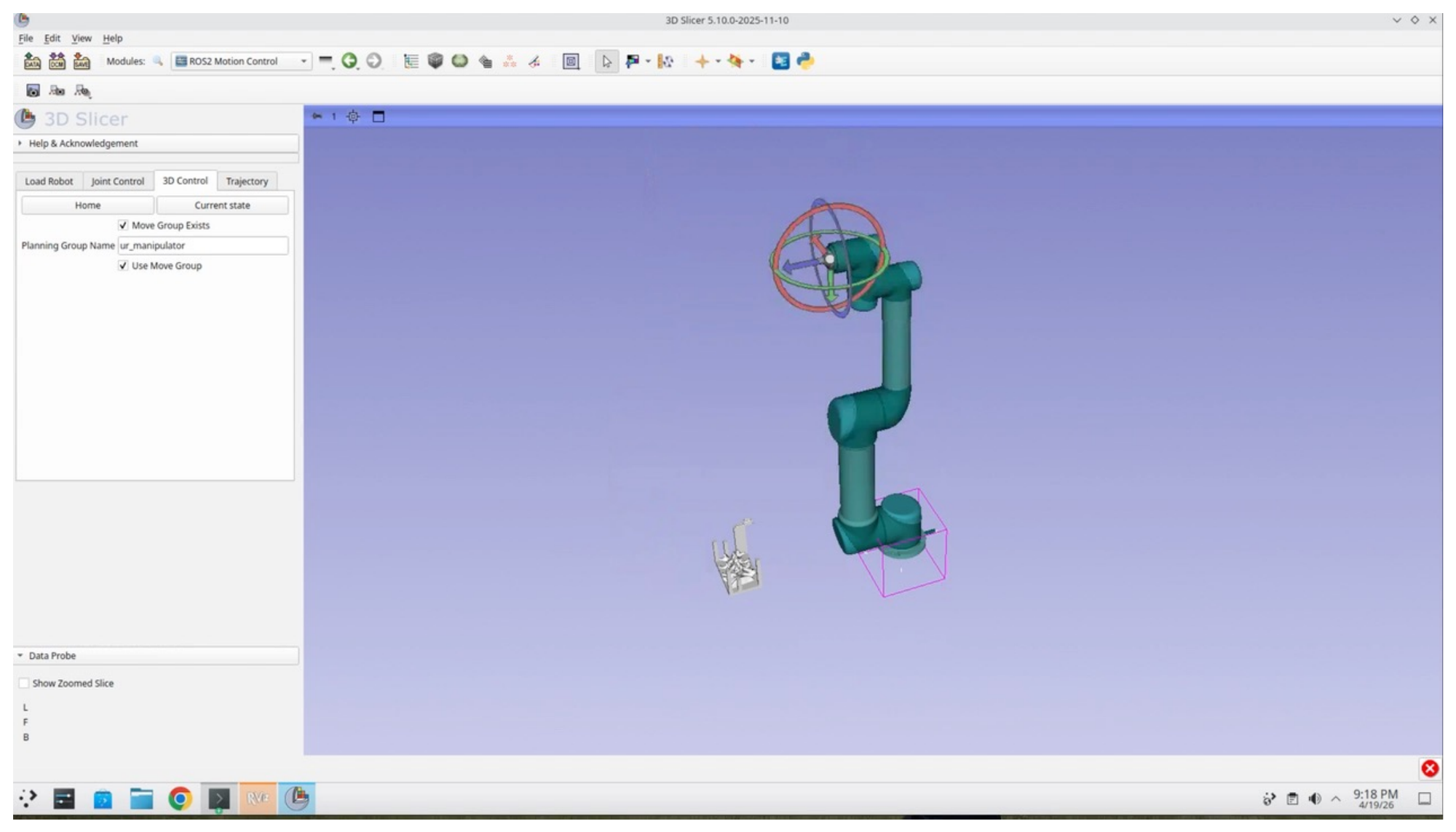 Slicer 3D view with the UR5, interactive goal marker, and spine model positioned for trajectory planning
