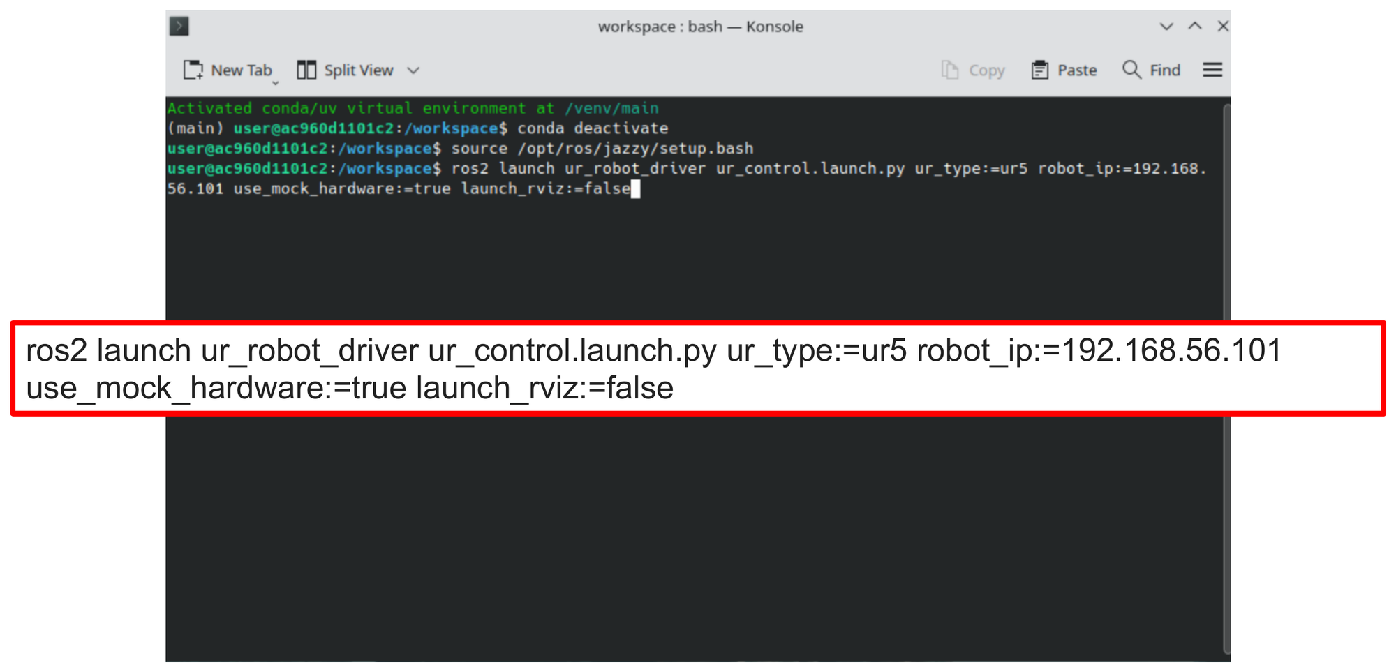 Konsole terminal showing the ur_control.launch.py command being entered