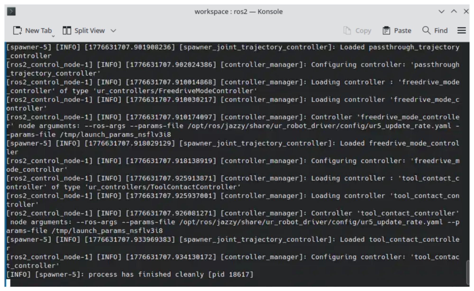 Terminal output showing the UR controllers loading and configuring successfully