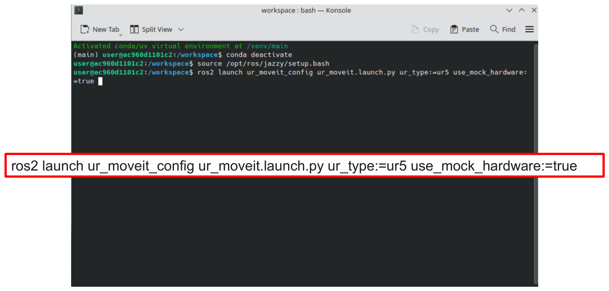 Second Konsole terminal running the ur_moveit.launch.py command