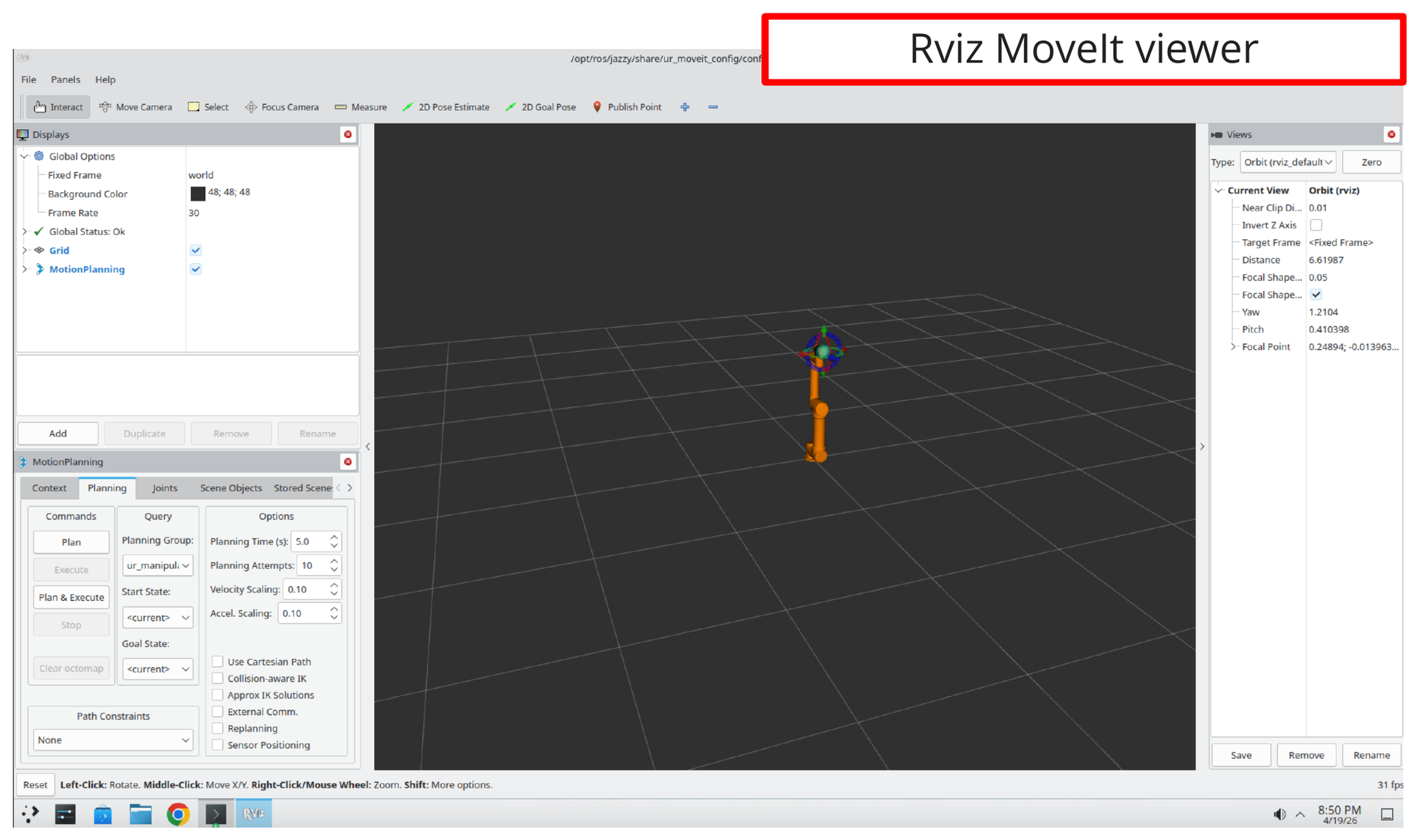 RViz window showing the UR5 robot with the MoveIt MotionPlanning panel
