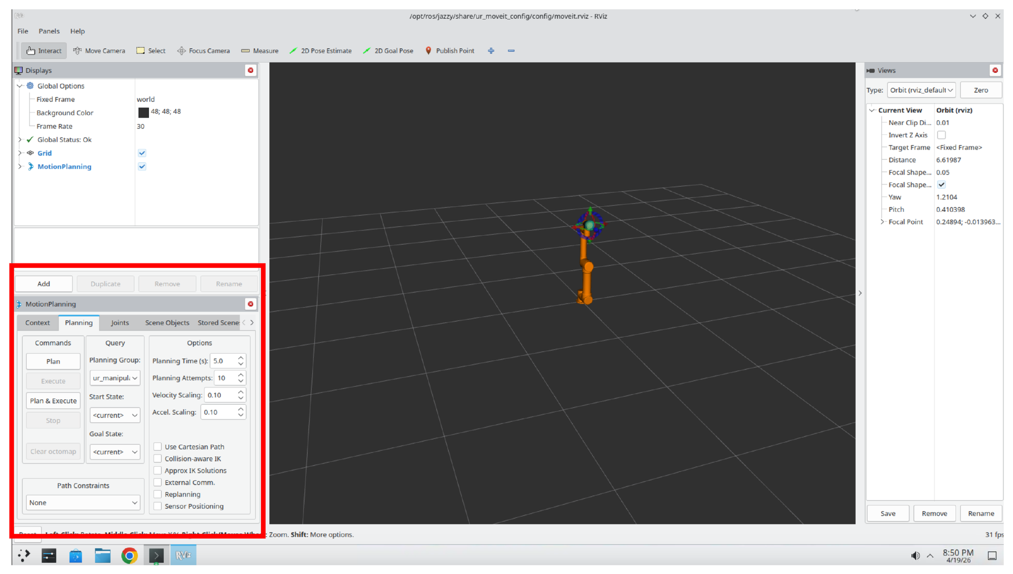 RViz window with the MotionPlanning panel highlighted in the lower-left