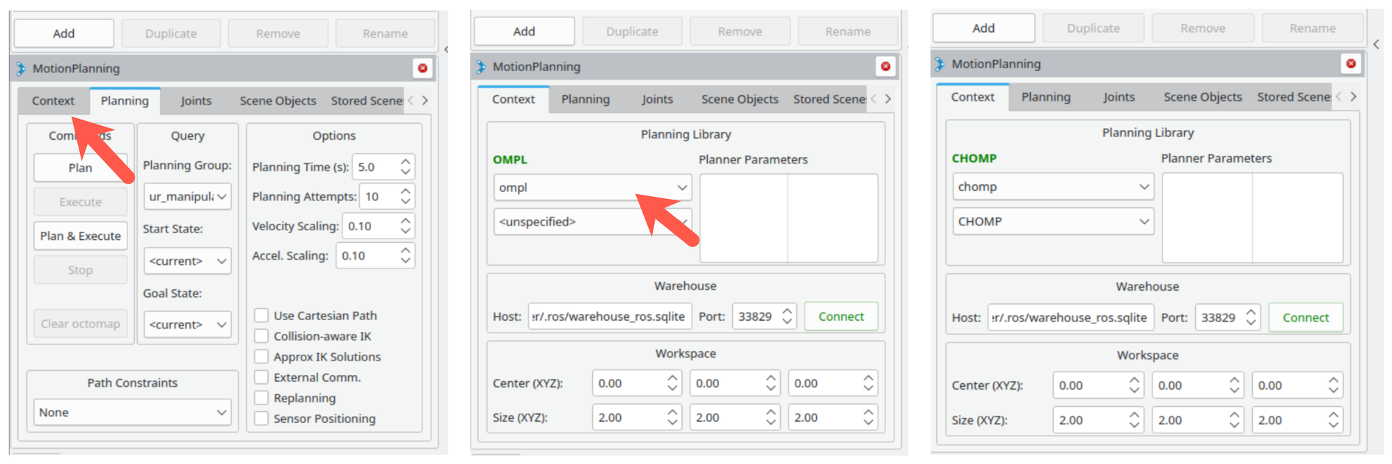 Three-panel view of the MotionPlanning Context tab showing the change from ompl to chomp