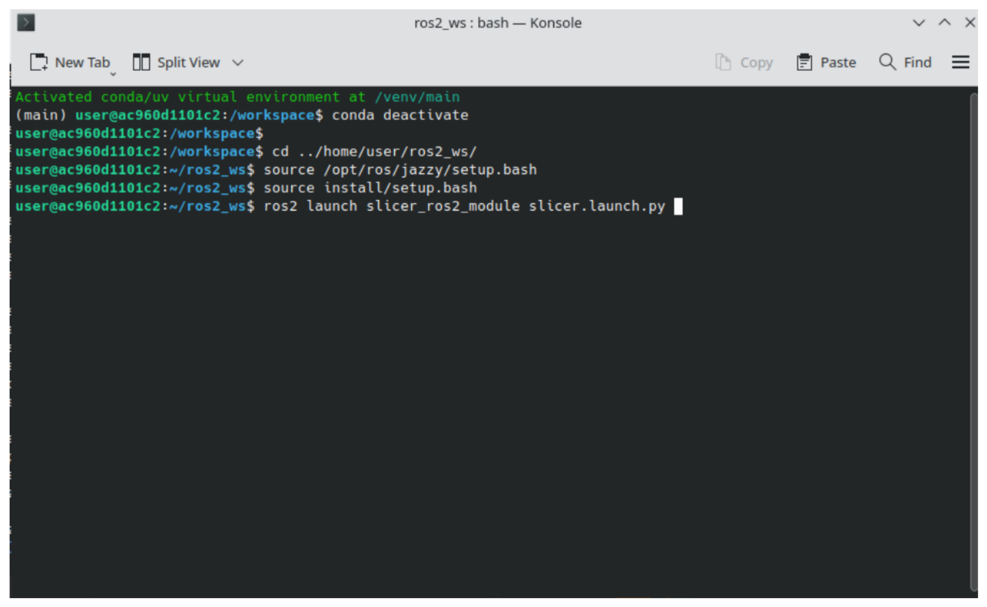 Terminal running the slicer_ros2_module launch sequence