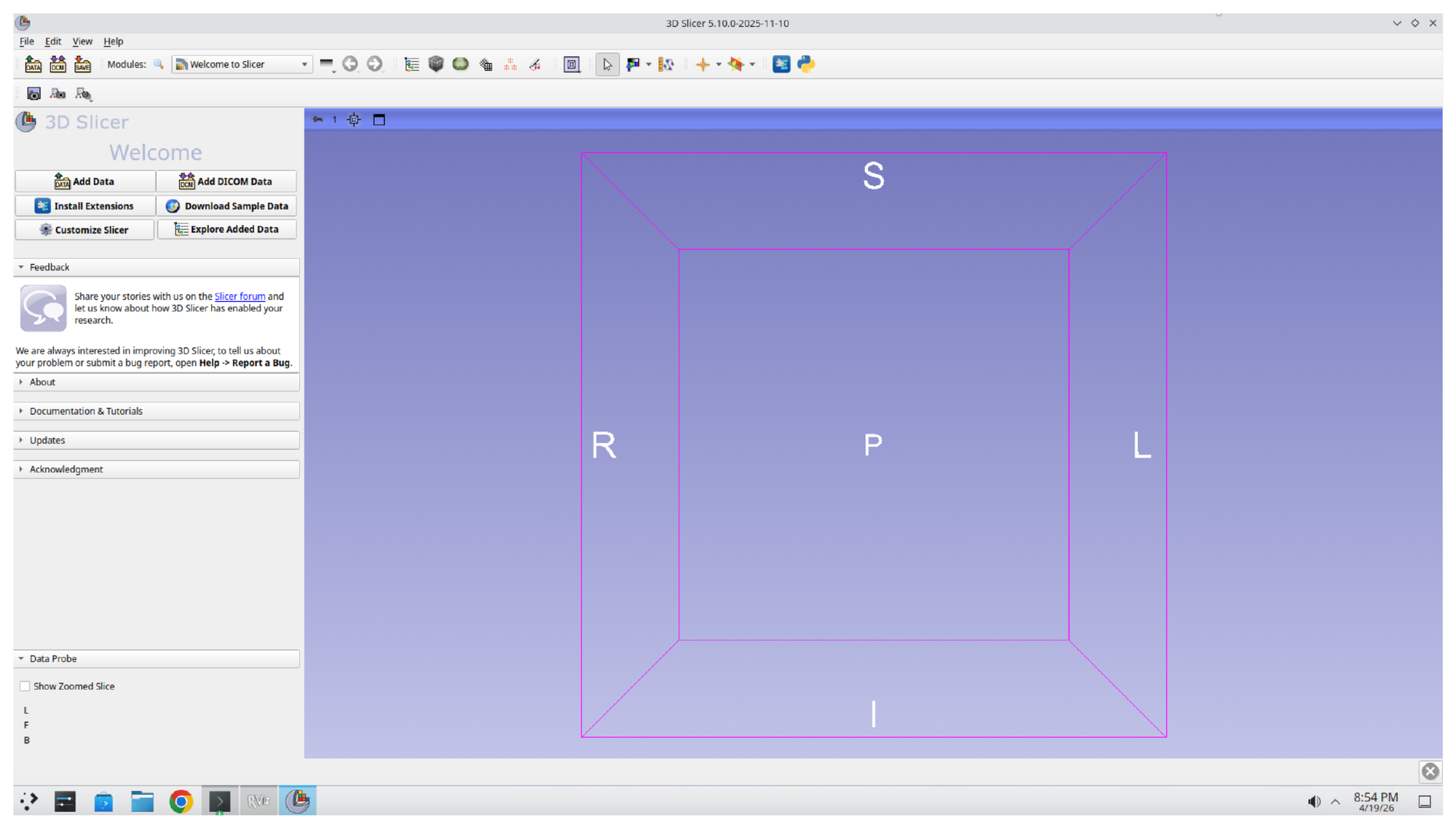 3D Slicer welcome screen with an empty scene