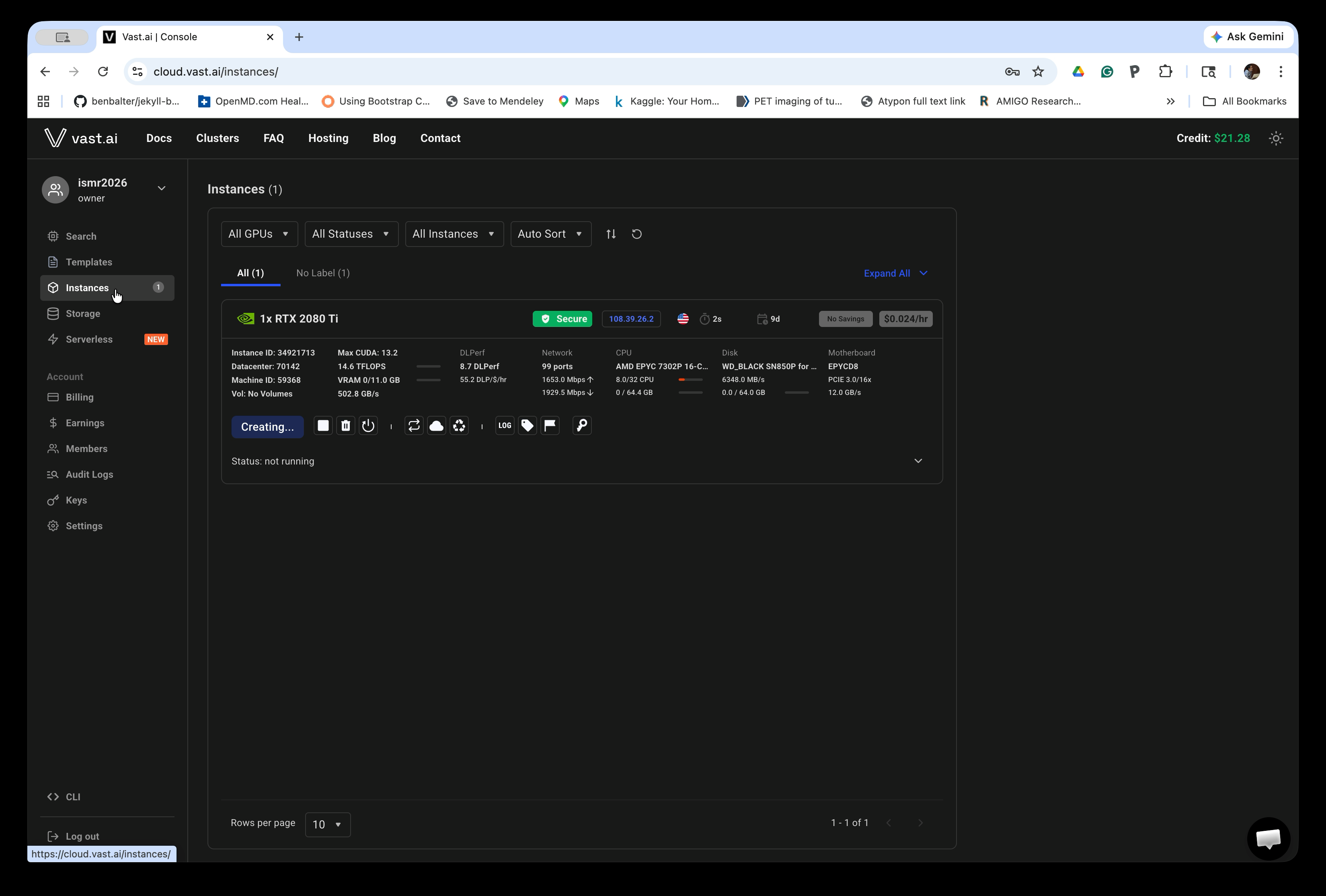 Instances page showing instance being created
