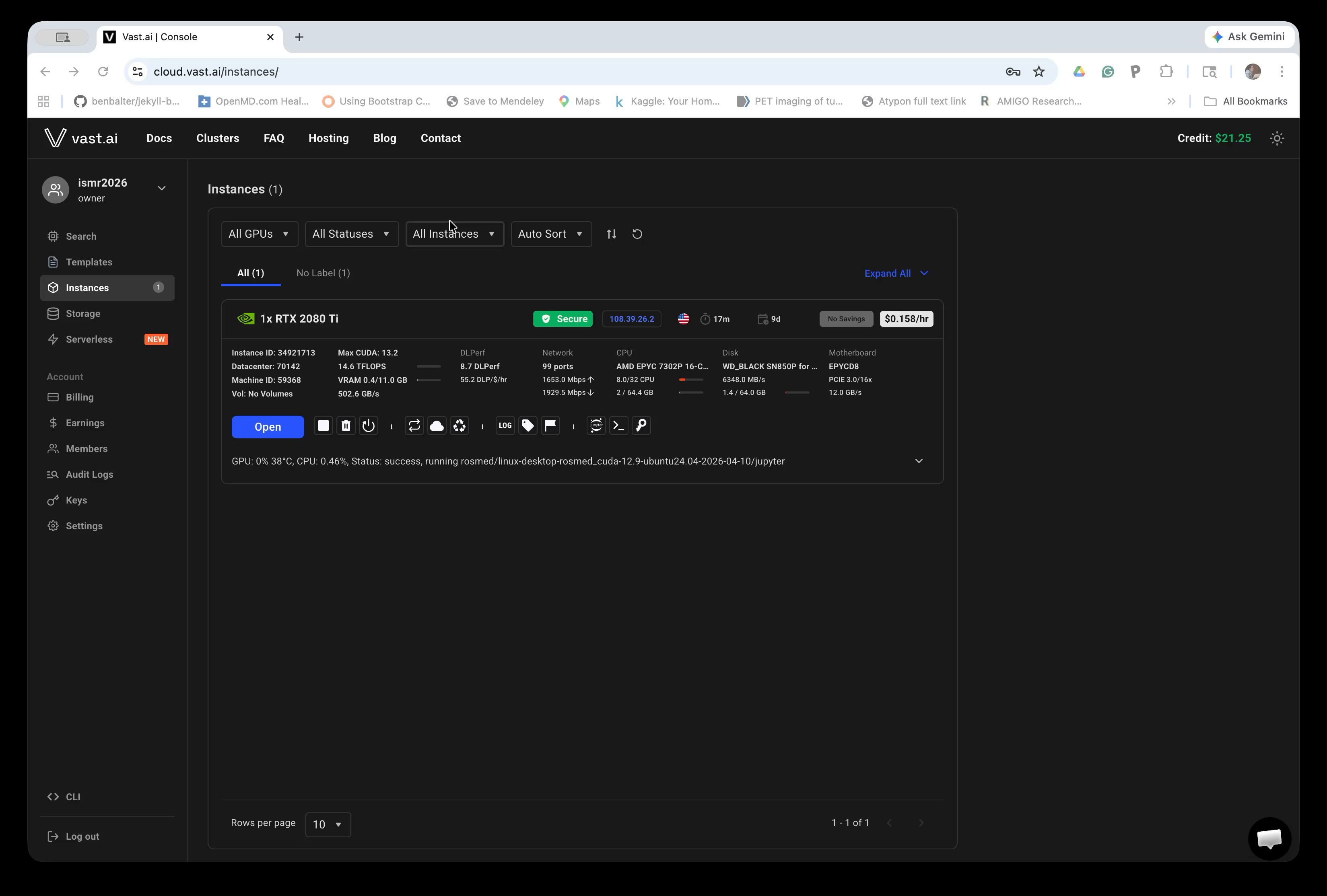 Instances page with the Open button active and instance running